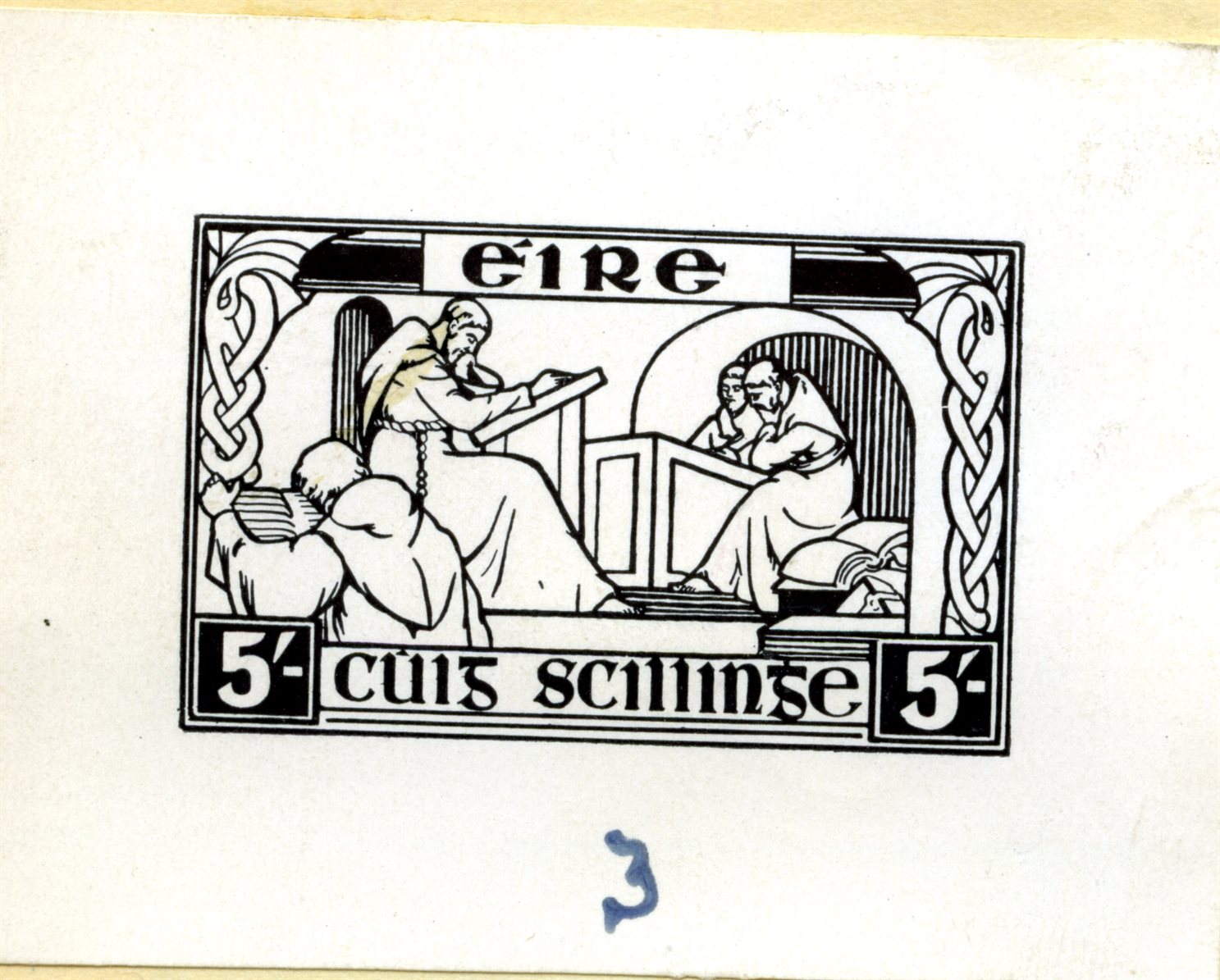 The four masters stamp, an illustration with celtic design and scribes working on text