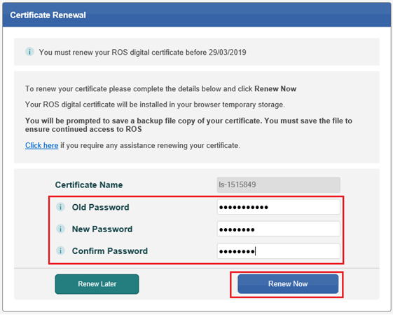 Image of certificate renewal screen on ROS