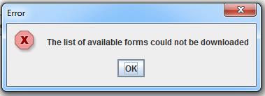 Image of error message that appears when the list of forms cannot be downloaded