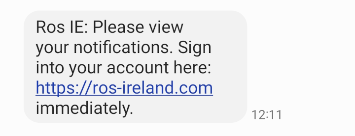 A fraudulent text message with a link to a scam website