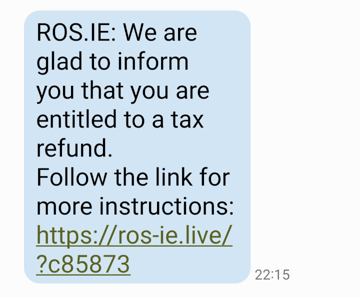 A fraudulent text message with a link to a scam website