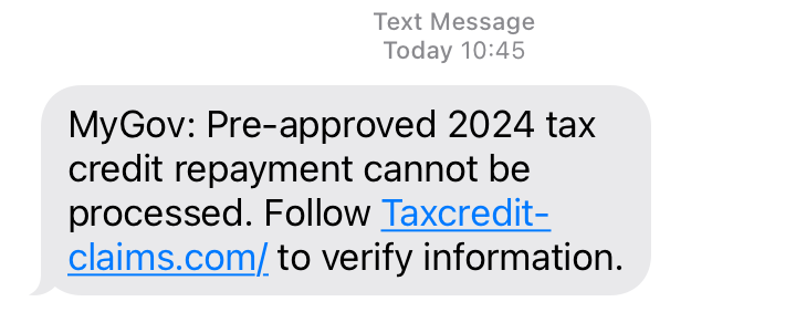 A fraudulent text message with a link to a scam website