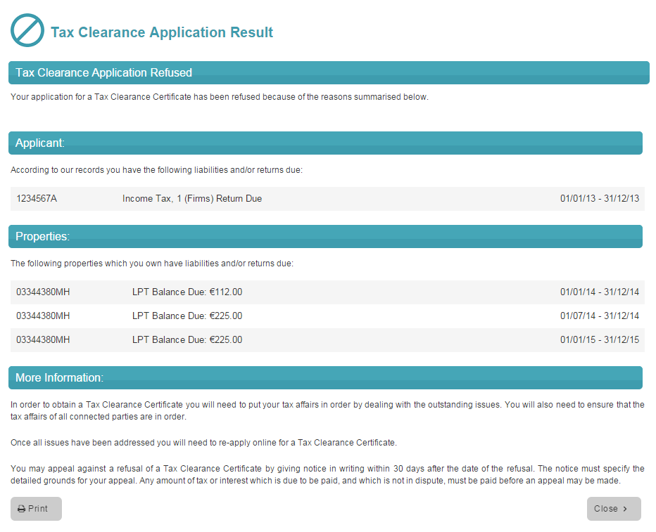 Image of a tax clearance application result screen where an application is refused.